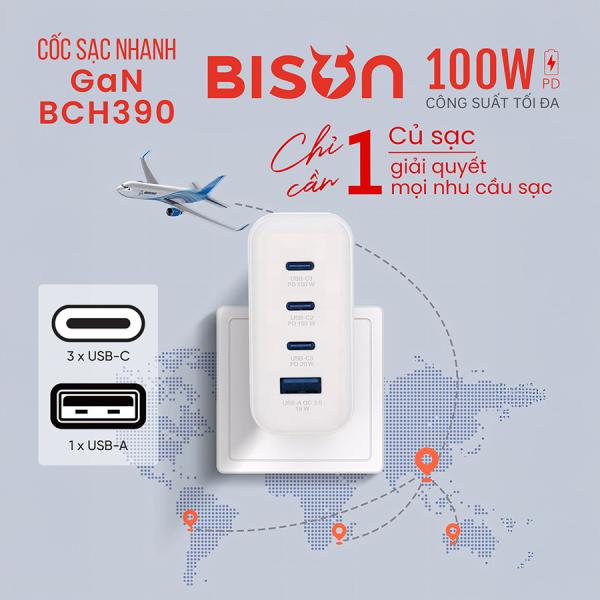 Củ sạc mini Bison White sạc nhanh GaN 100W