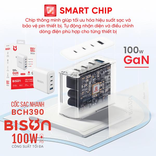 Củ sạc mini Bison White sạc nhanh GaN 100W