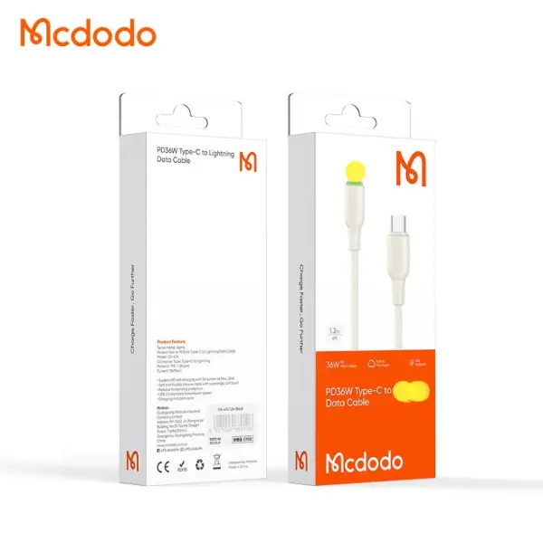 Cáp sạc data Mcdodo CA-4760 Beige Type-C to Lightning 36W có đèn LED   1.2m